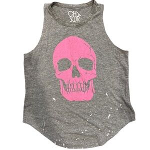 Chaser Splatter Paint Grey Tank Top with Pink Skull